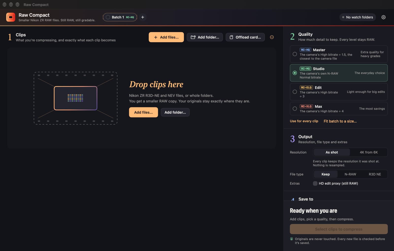 Raw Compact's empty window: Drop clips here, with Add files and Add folder buttons on the left and the Quality, Output and Save to steps on the right