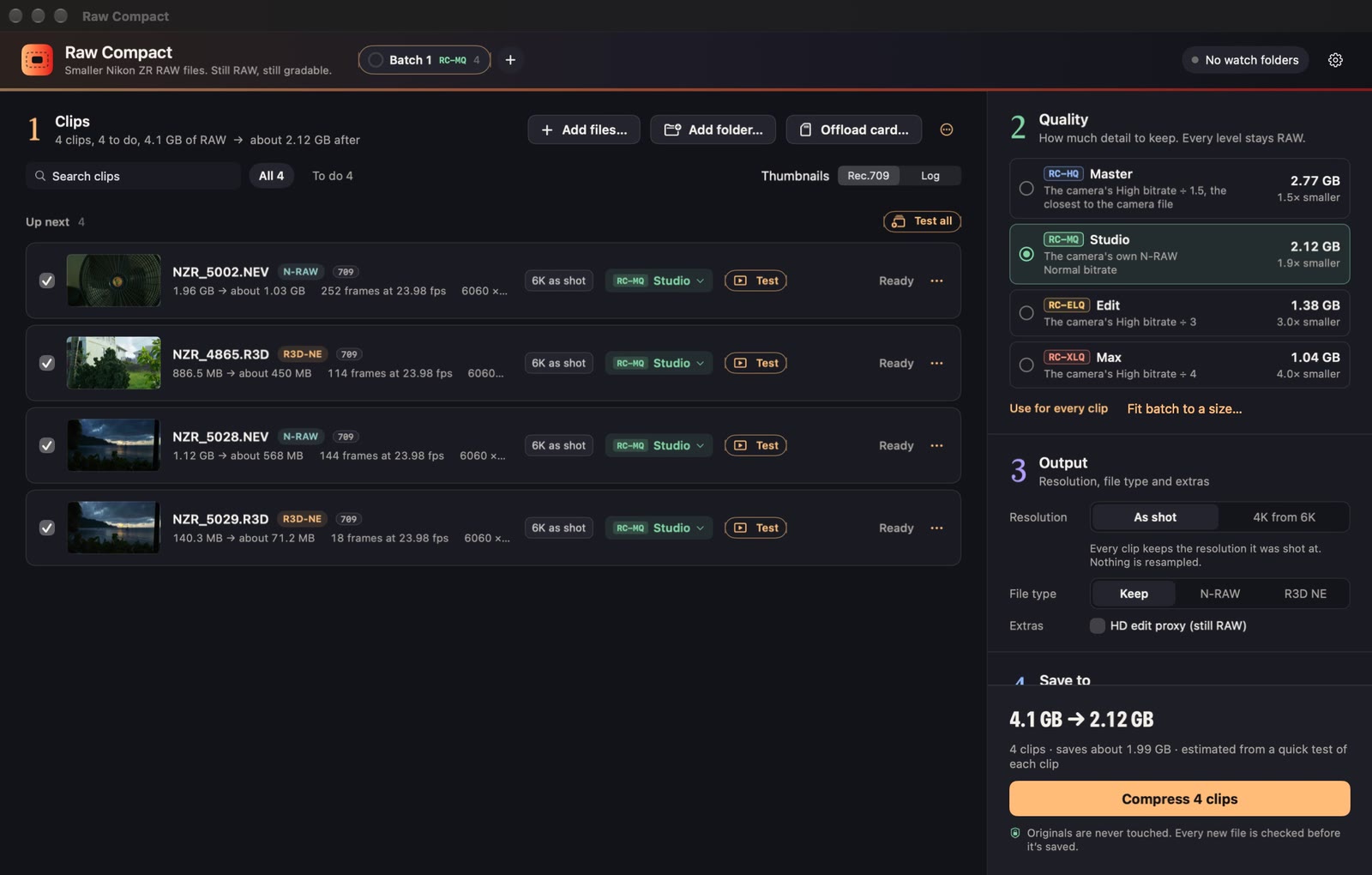 Four clips in the queue with thumbnails, size before and after, resolution and level for each