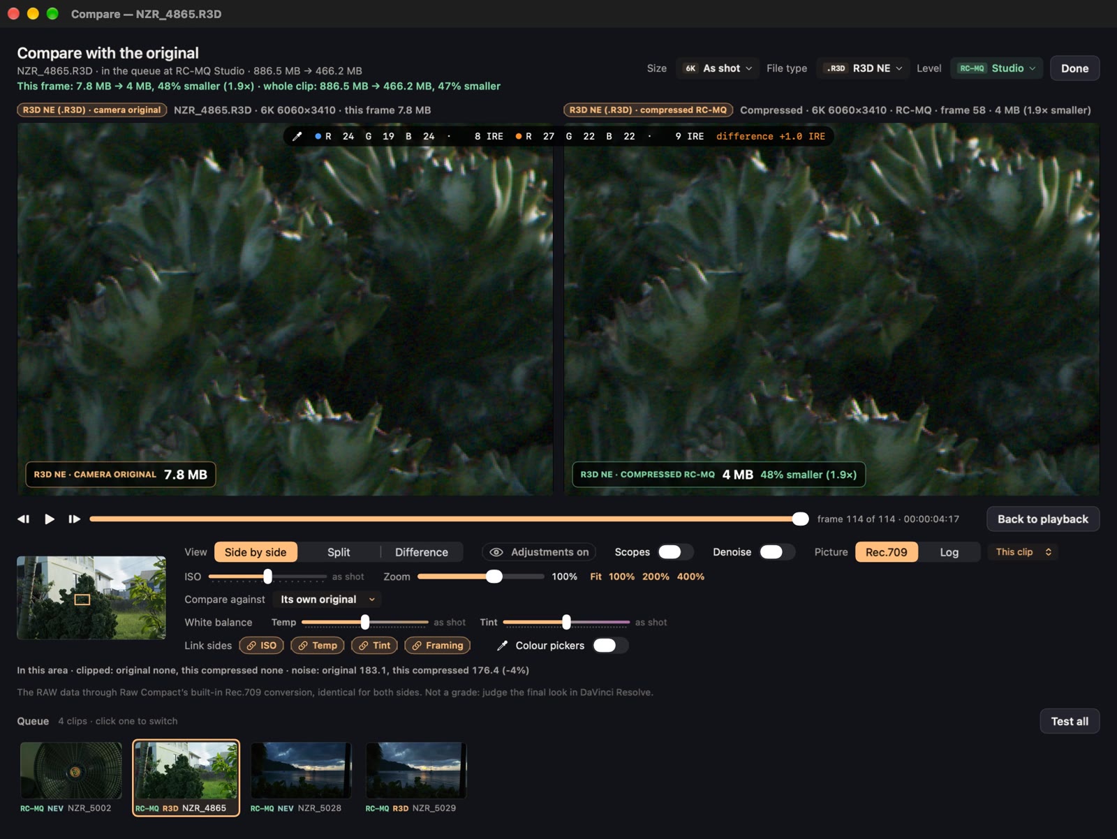 The Compare window: original and compressed frames side by side with their sizes