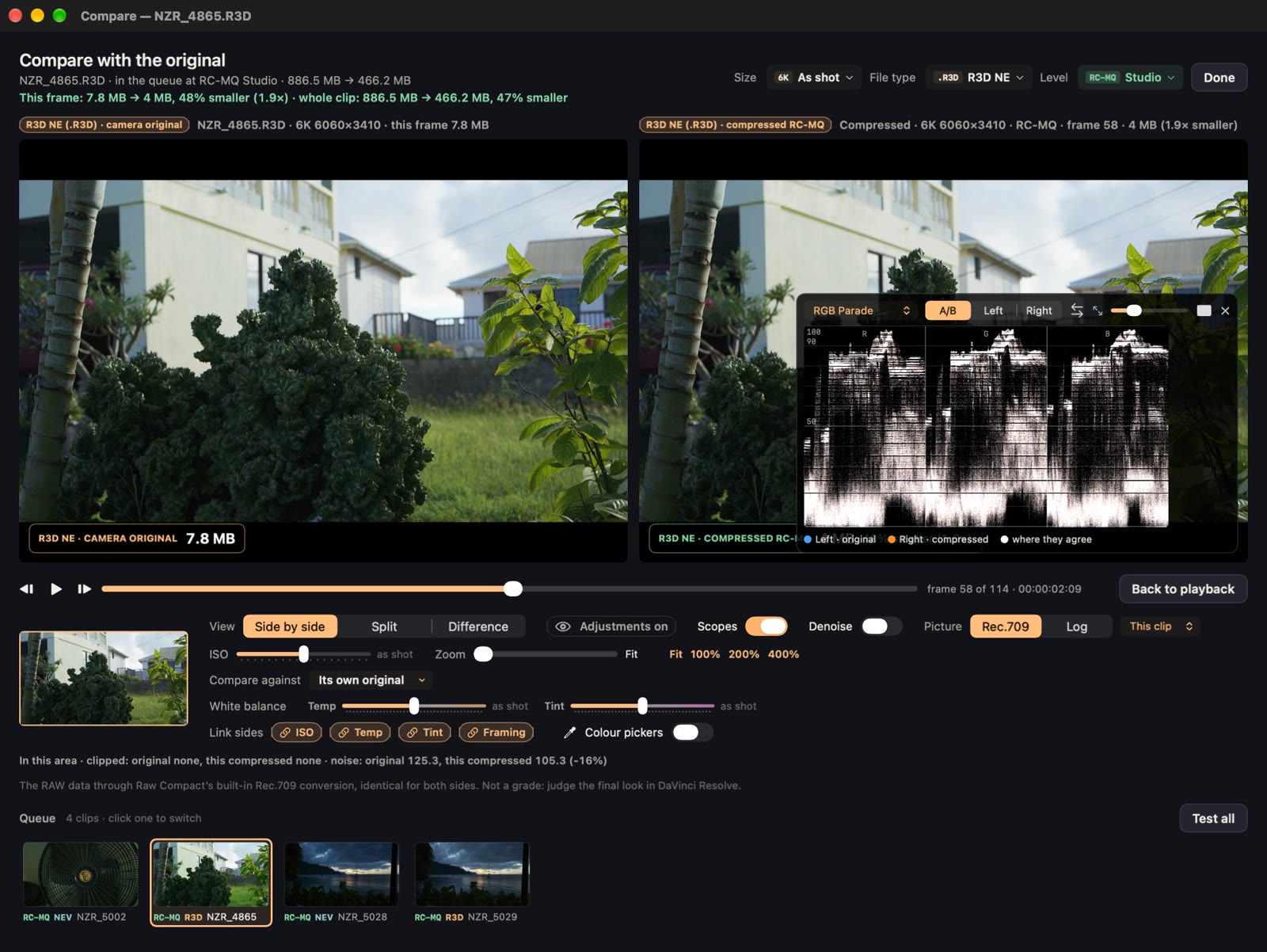 Compare with a waveform scope showing both pictures, original in blue and compressed in orange