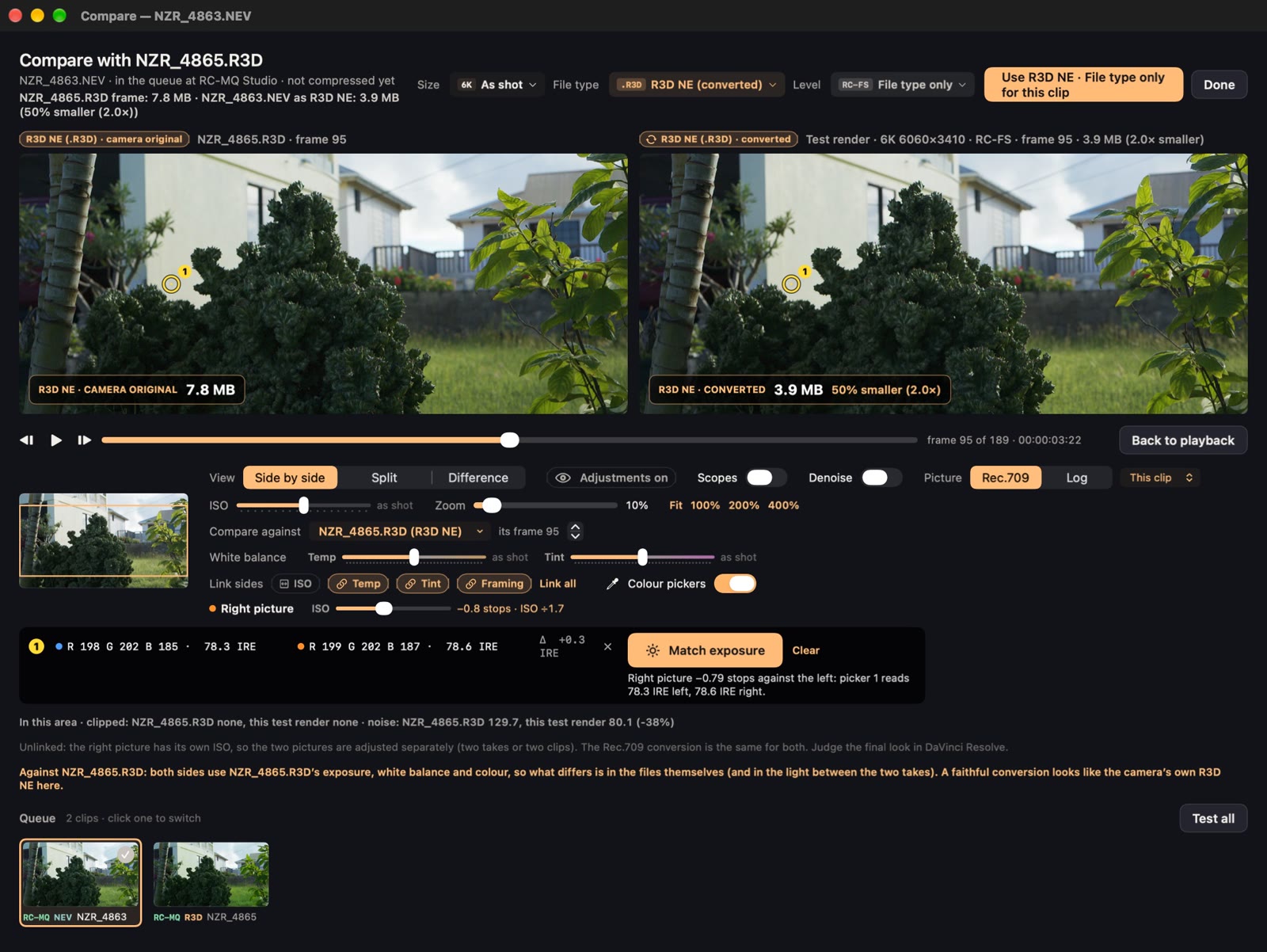 Compare: an N-RAW clip converted to R3D NE next to the camera's own R3D NE take of the same scene