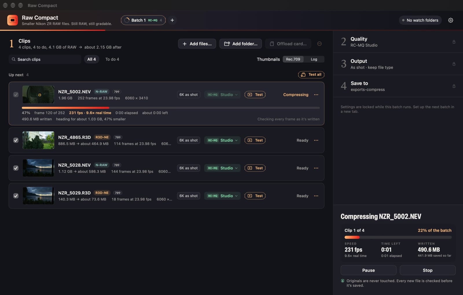 A batch compressing: progress for the clip and the batch, with speed, time left and space saved