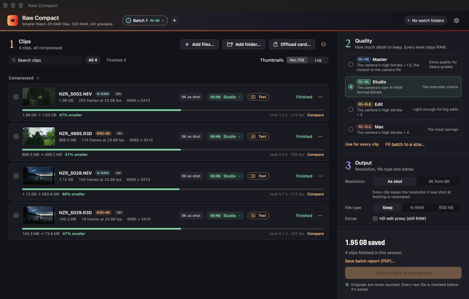 Finished clips, each showing size before and after, percent smaller, time taken and a Compare link